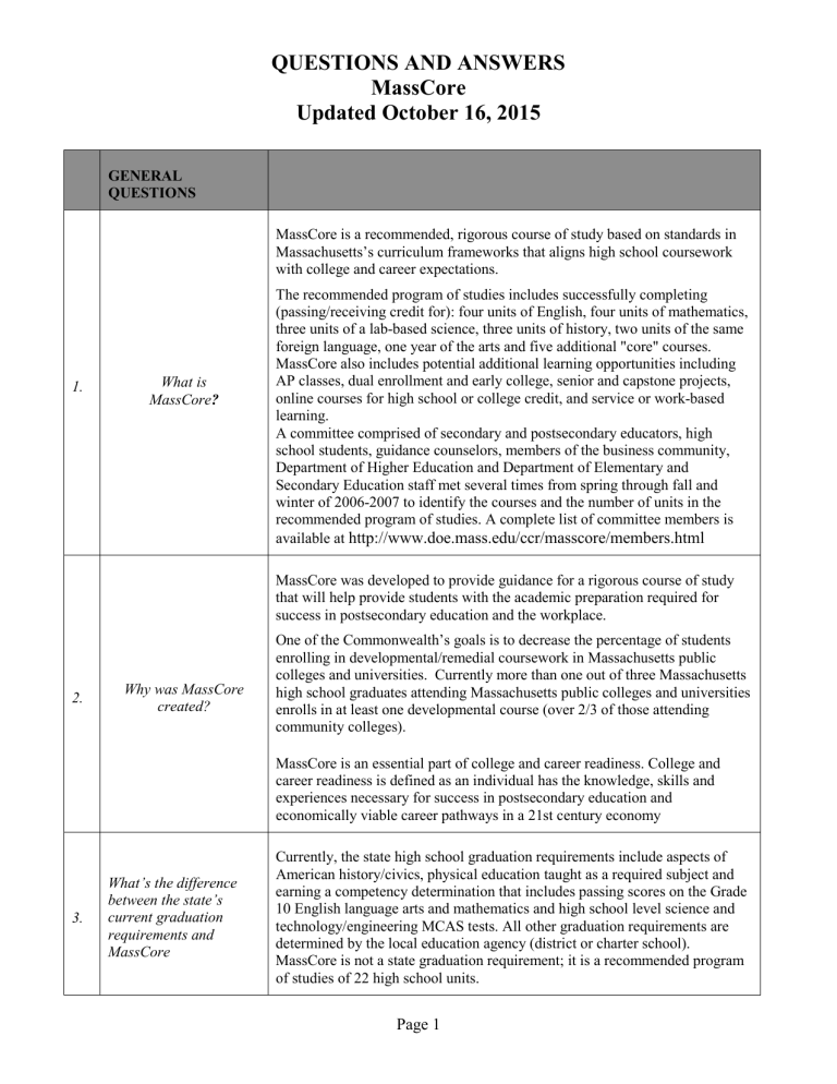 MassCore - Massachusetts Department of Elementary and
