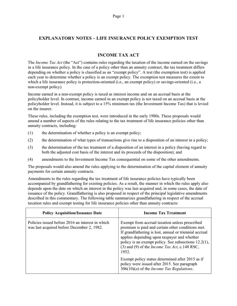 Explanatory Notes Life Insurance Policy Exemption Test