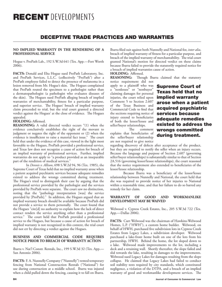 Deceptive Trade Practices and Warranties