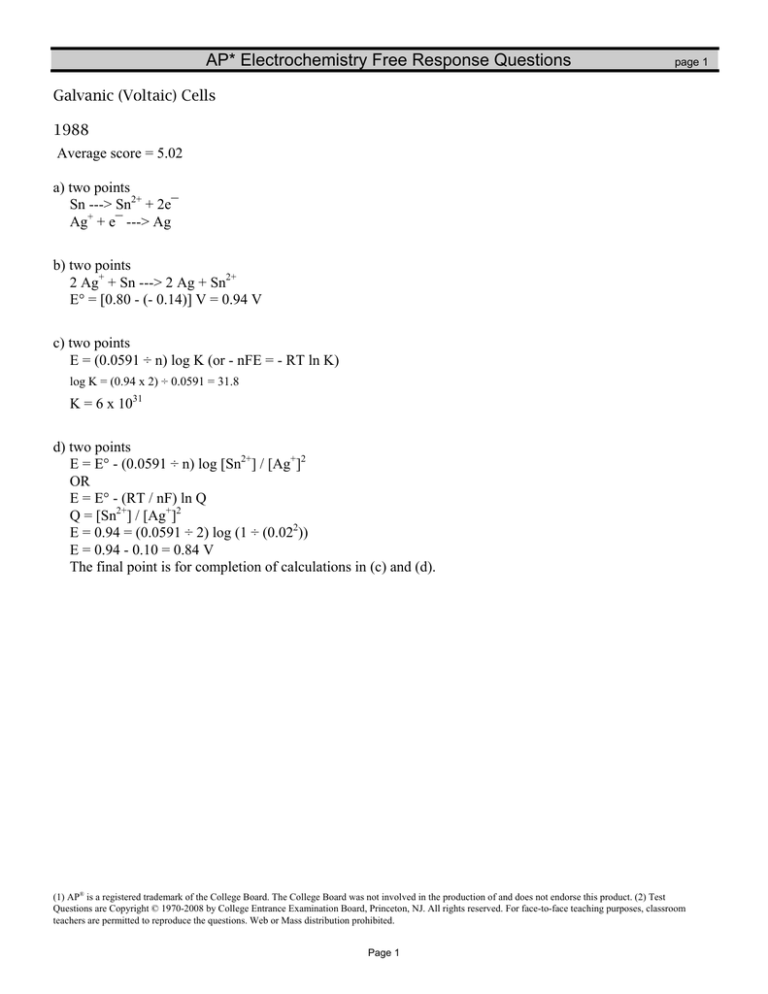 AP* Electrochemistry Free Response Questions