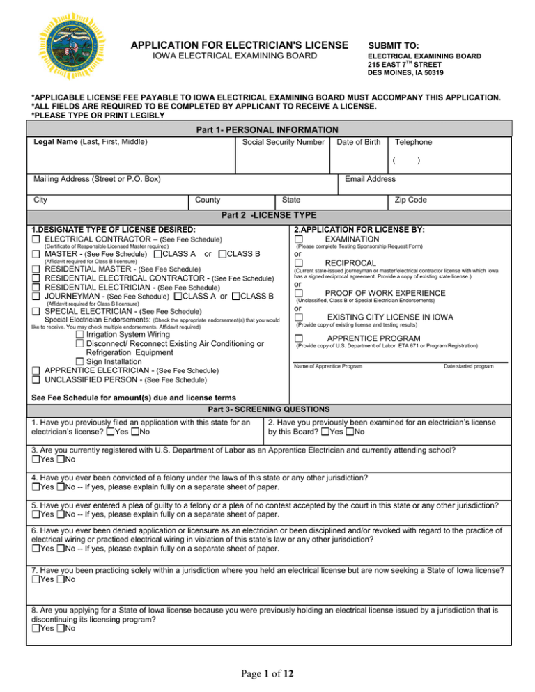 Application For Electrician`s License Submit To