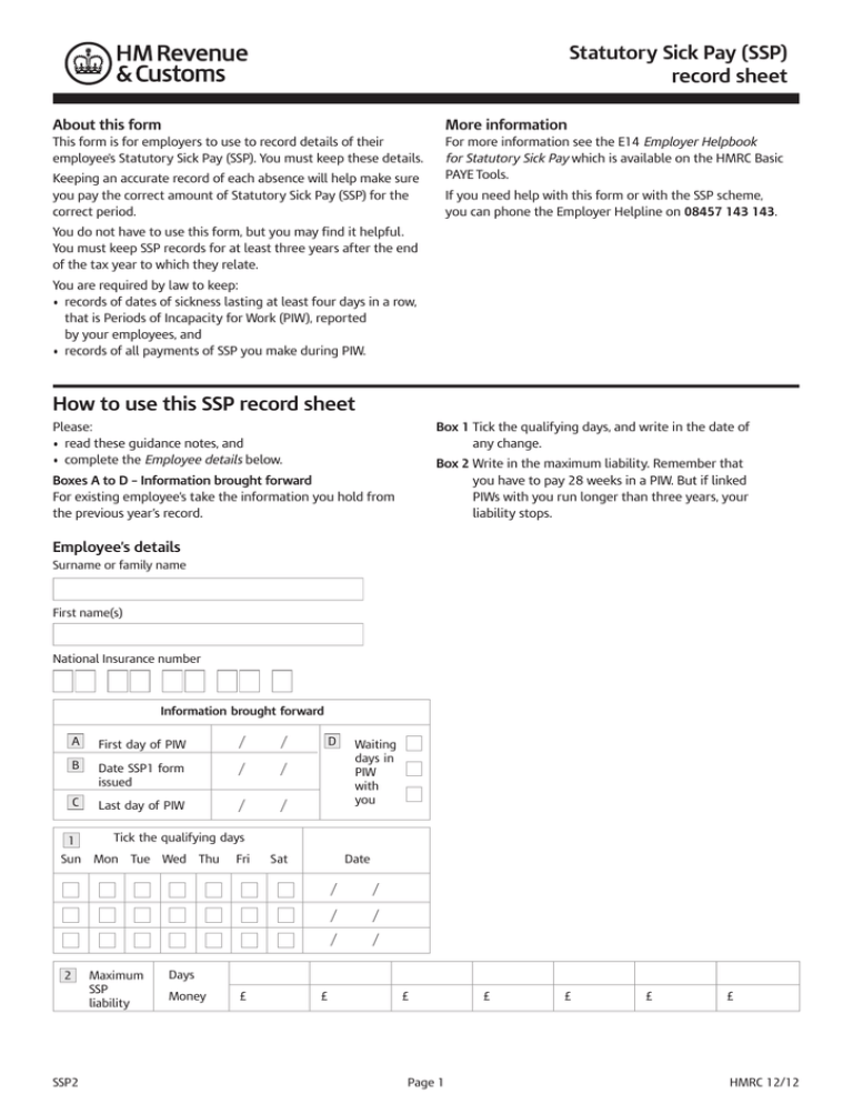 SSP2 Statutory Sick Pay (SSP) record sheet