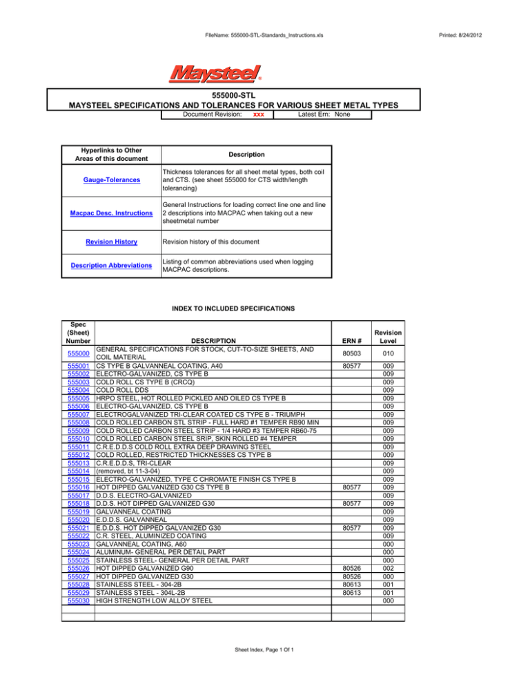 Maysteel Sheet Metal Specs & Tolerances Guide