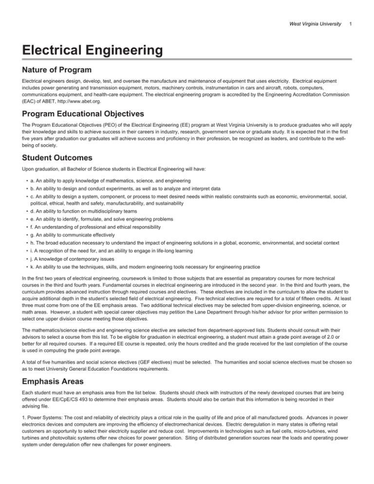 Wvu Biomedical Engineering Major Map Catalog - West Virginia University