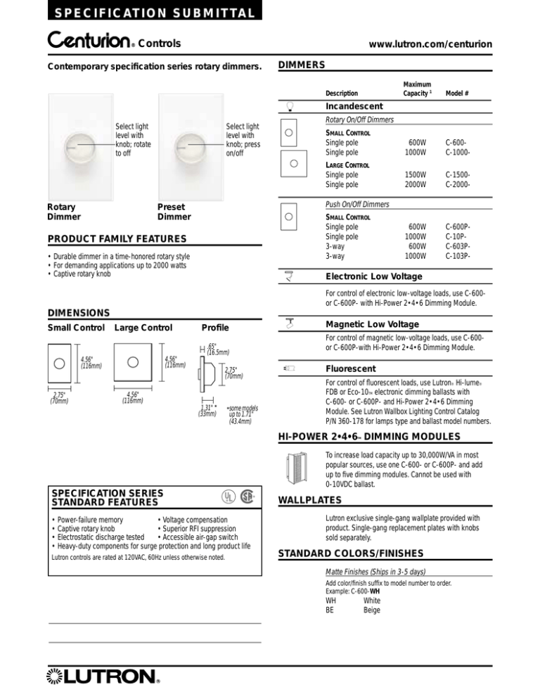 Lutron C 603P WH Spec Sheet