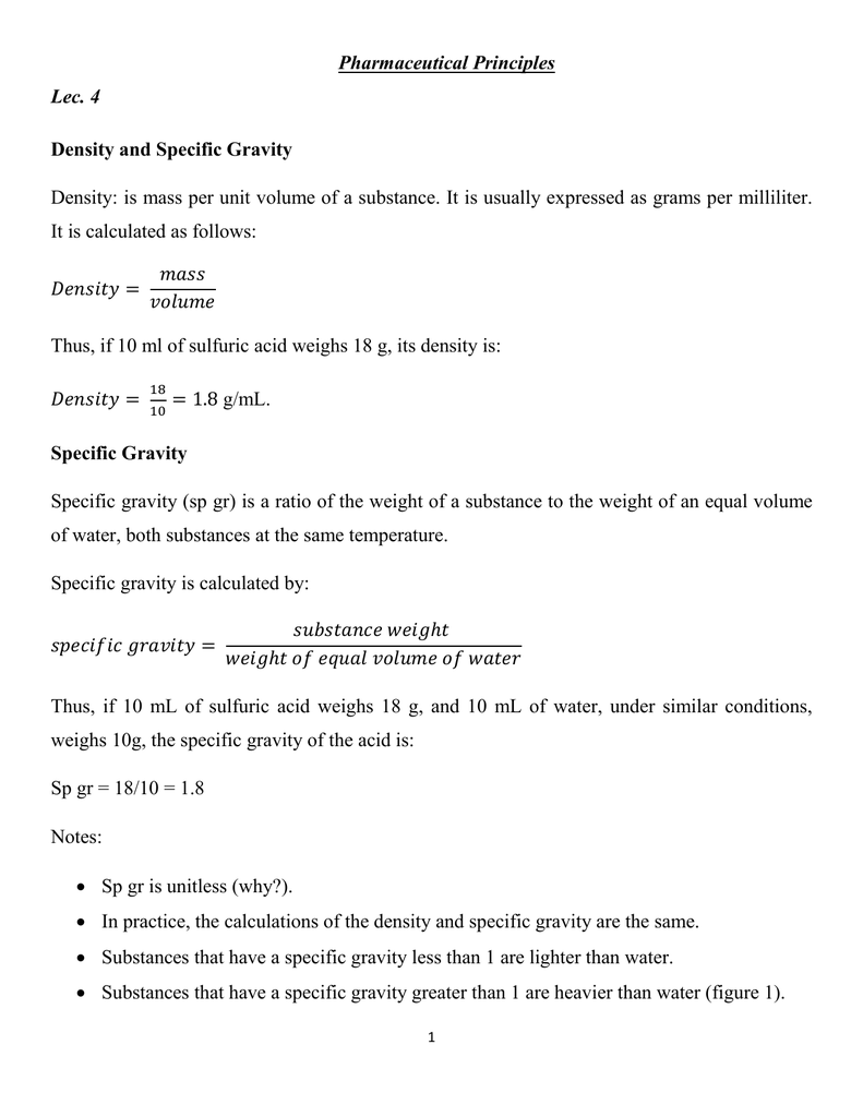 Pharmaceutical Principles Lec 4 Density And Specific Gravity