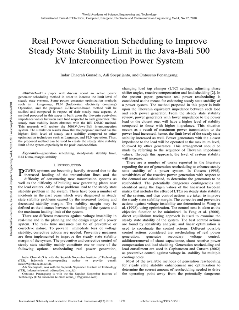 Real Power Generation Scheduling to Improve Steady State Stability