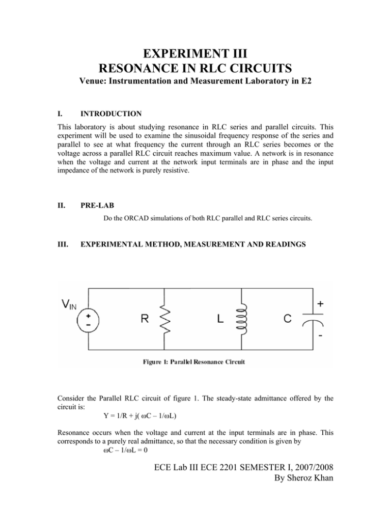 EXPERIMENT III RESONANCE IN RLC CIRCUITS