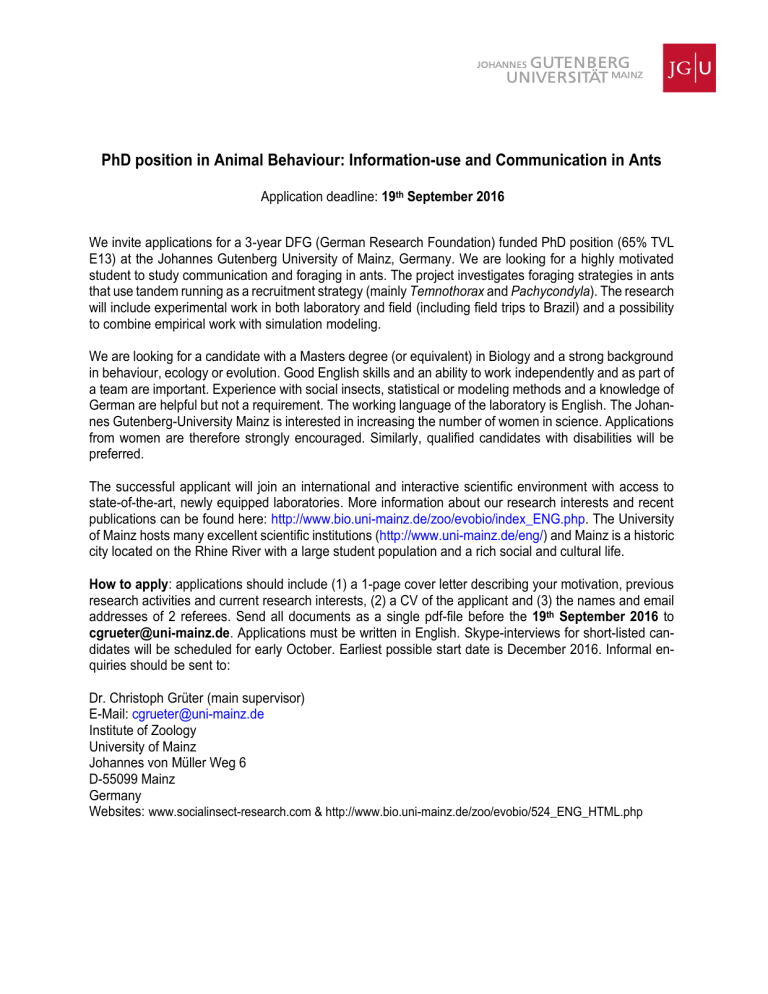 PhD position in Animal Behaviour Information
