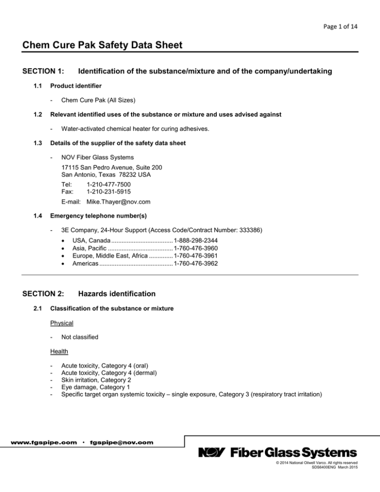 Chem Cure Pak Safety Data Sheet