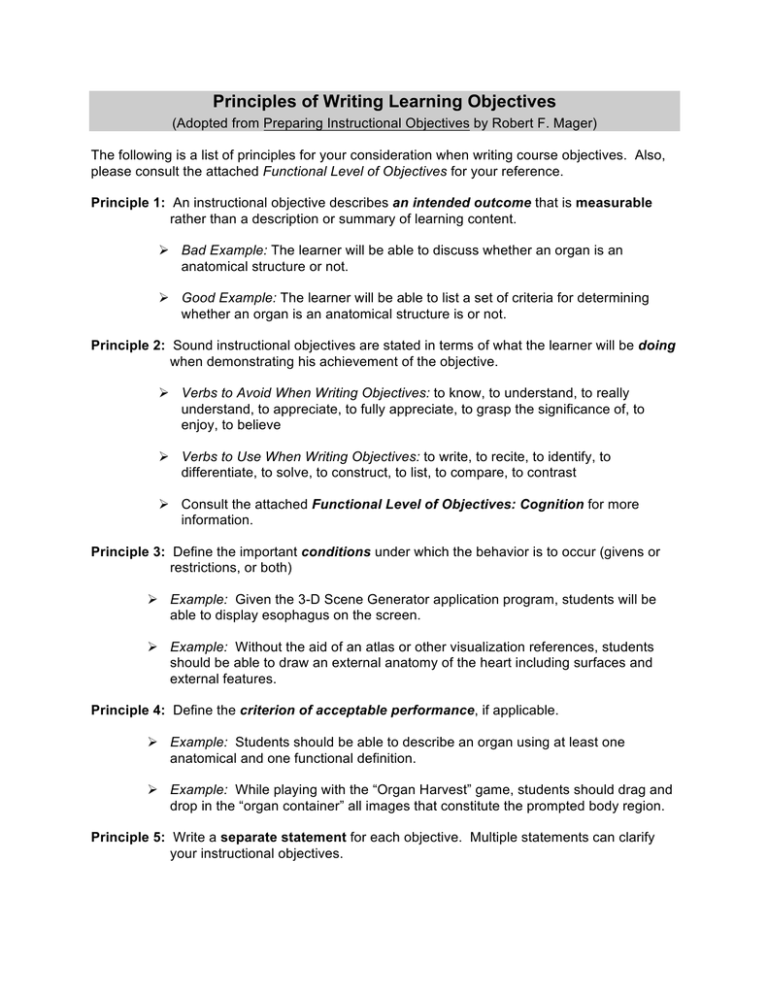 Writing Learning Objectives: Principles & Examples