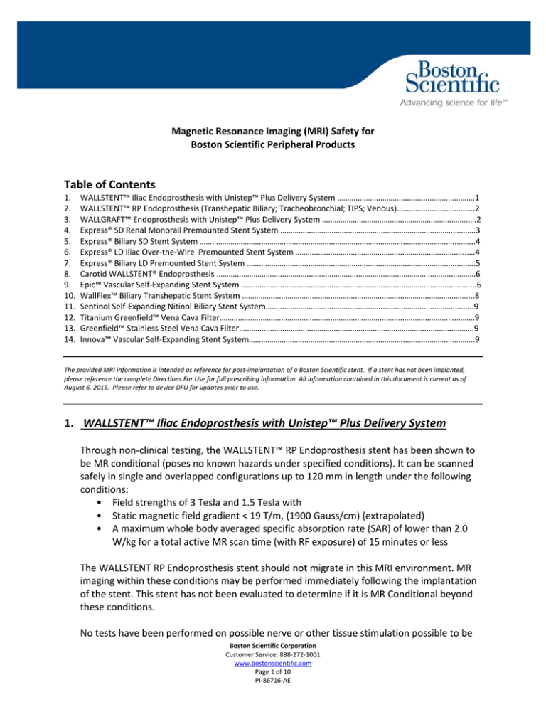 MRI Safety for Boston Scientific Peripheral Products