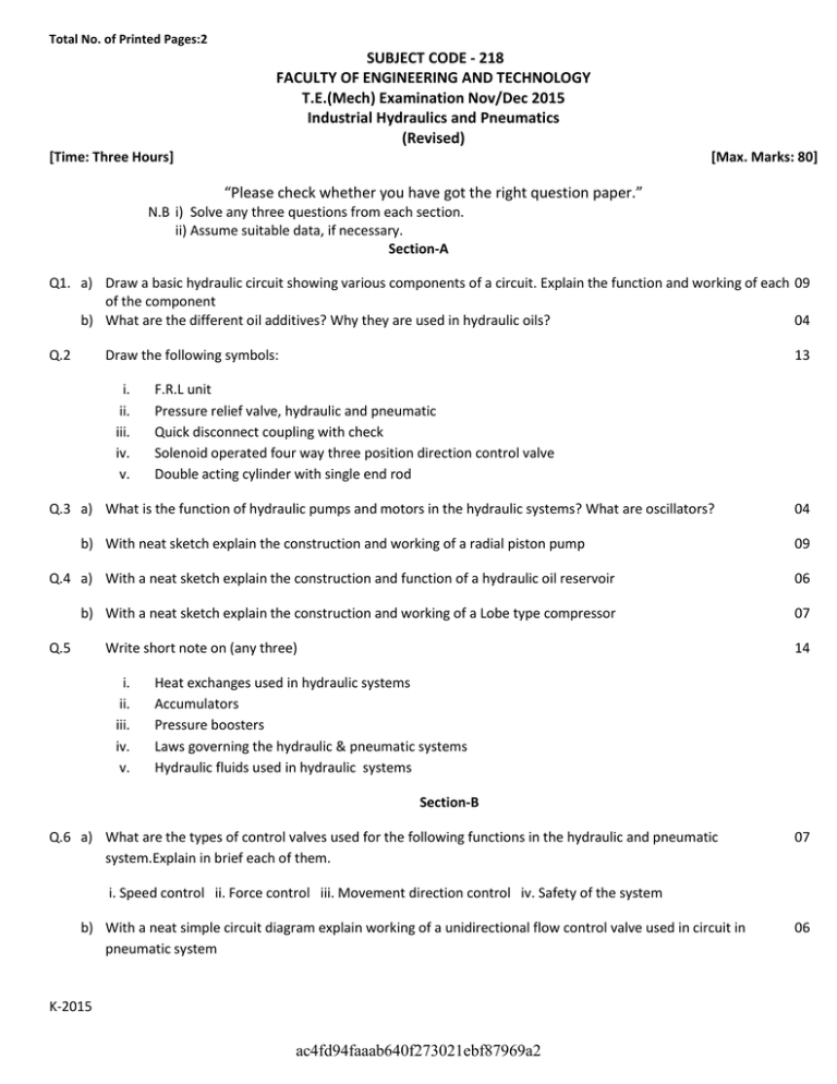 Examination Nov/Dec 2015 Industrial Hydraulics and Pneumatic
