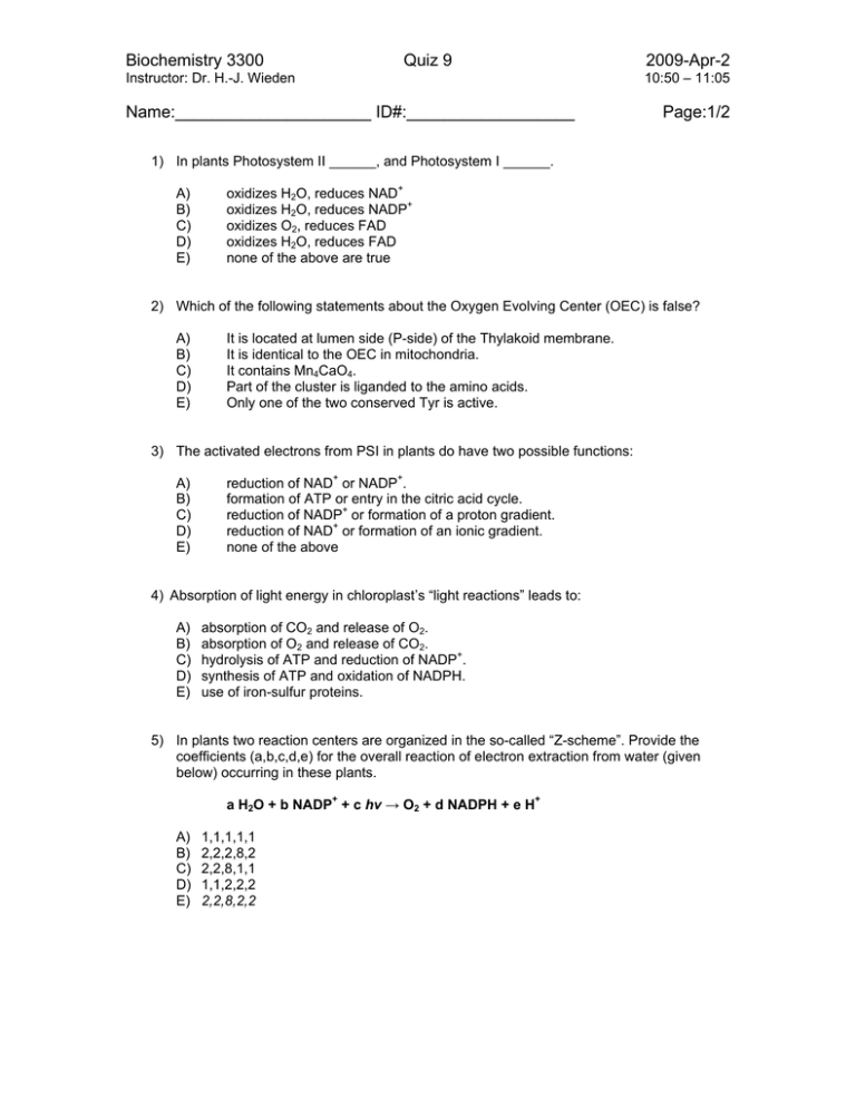 Biochemistry 3300 Quiz 9 2009-Apr