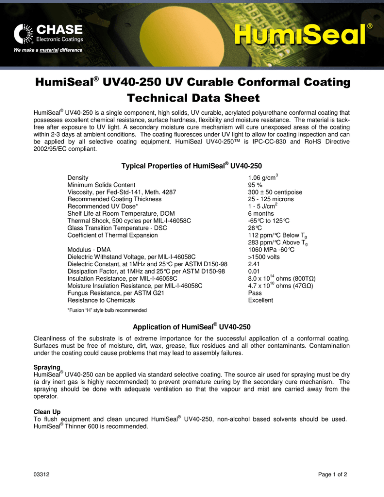 HumiSeal® UV40250 UV Curable Conformal Coating Technical