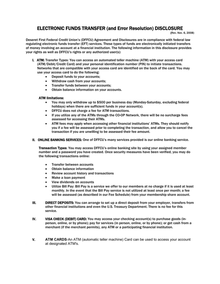 ELECTRONIC FUNDS TRANSFER (and Error Resolution