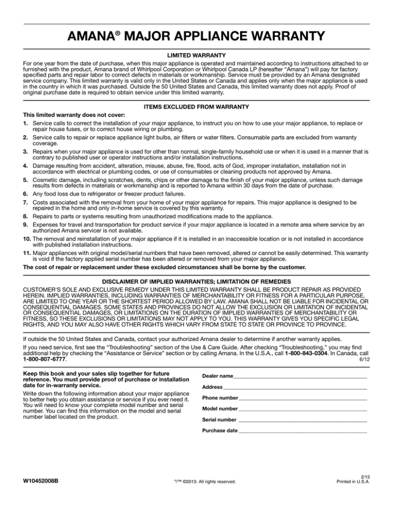 AMANA® MAJOR APPLIANCE WARRANTY