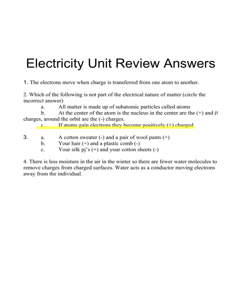 Electricity Unit Review Answers