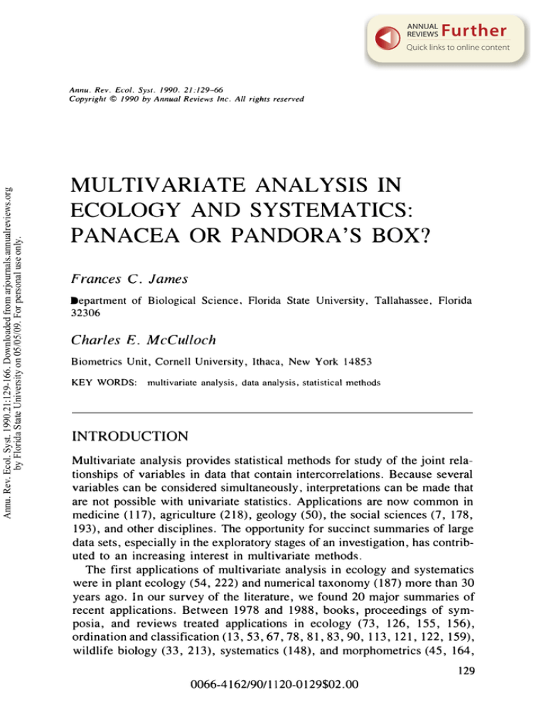 Multivariate Analysis In Ecology And Systematics