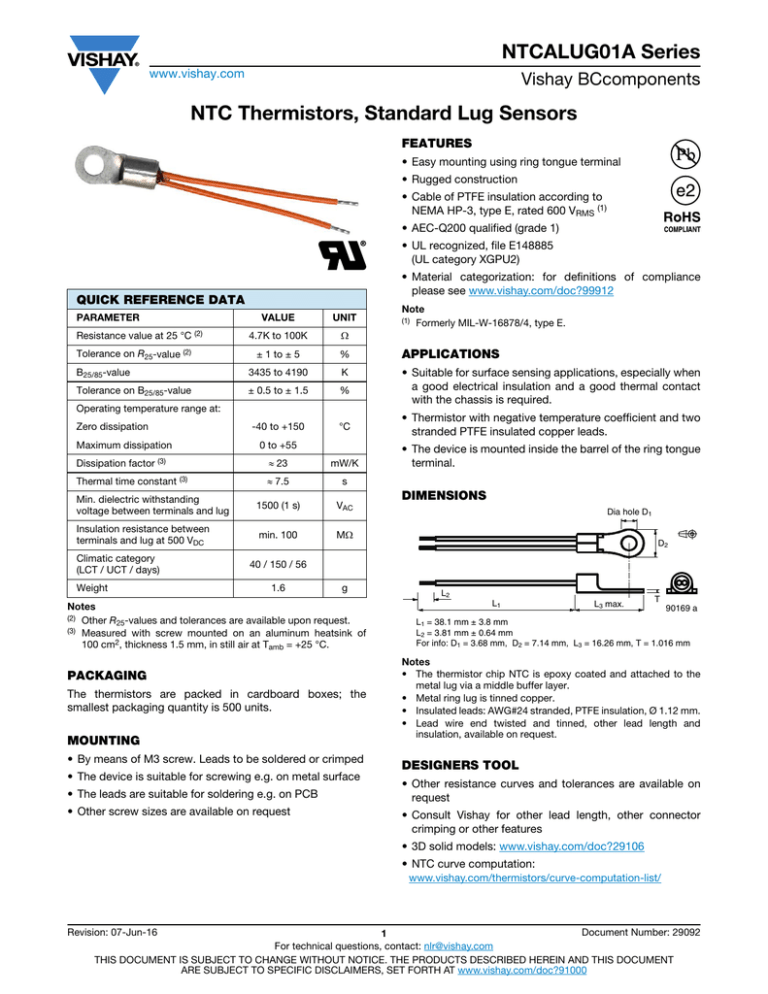 NTCALUG01A Series NTC Thermistors, Standard Lug Sensors