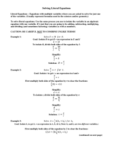 Solving Literal Equations Worksheet: Algebra Practice