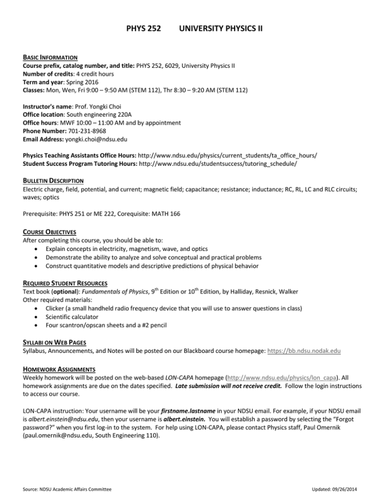 PHYS 252 University Physics II Syllabus Spring 2016
