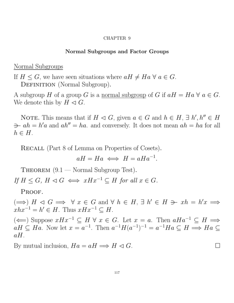 Normal Subgroups If H ≤ G, we have seen situations where aH