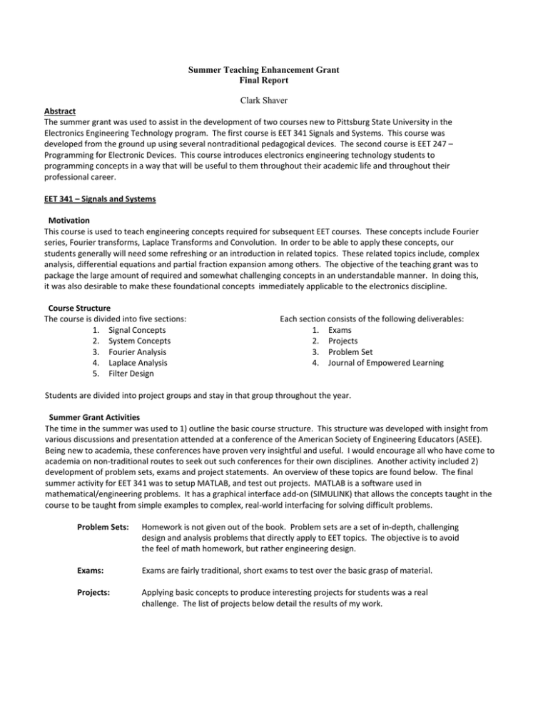 Summer Teaching Enhancement Grant Final Report Clark Shaver