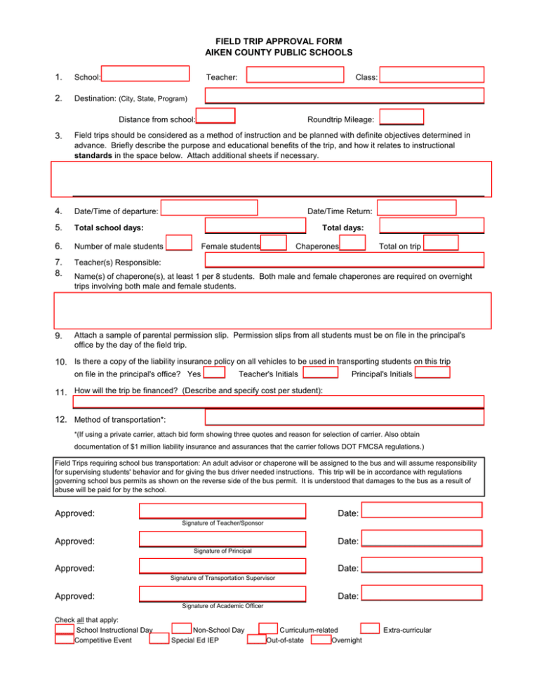 Field Trip Approval Form