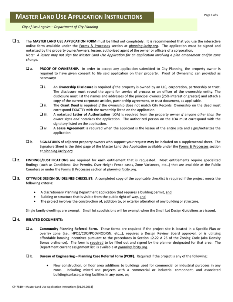 master land use application instructions