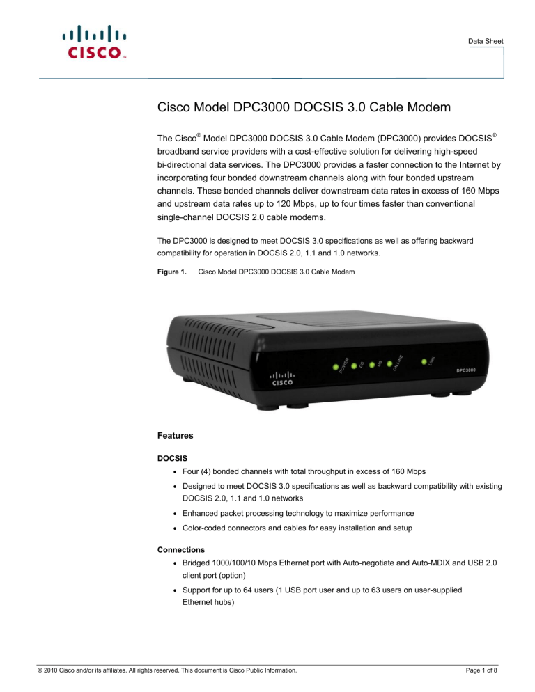 Cisco Model DPC3000 DOCSIS 3.0 Cable Modem Data Sheet