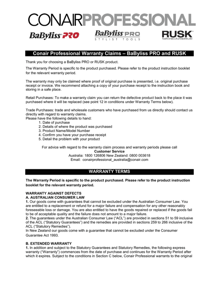 Conair Professional Warranty Claims BaByliss PRO and RUSK