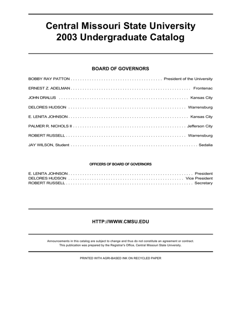 2003 Undergraduate Catalog University of Central Missouri