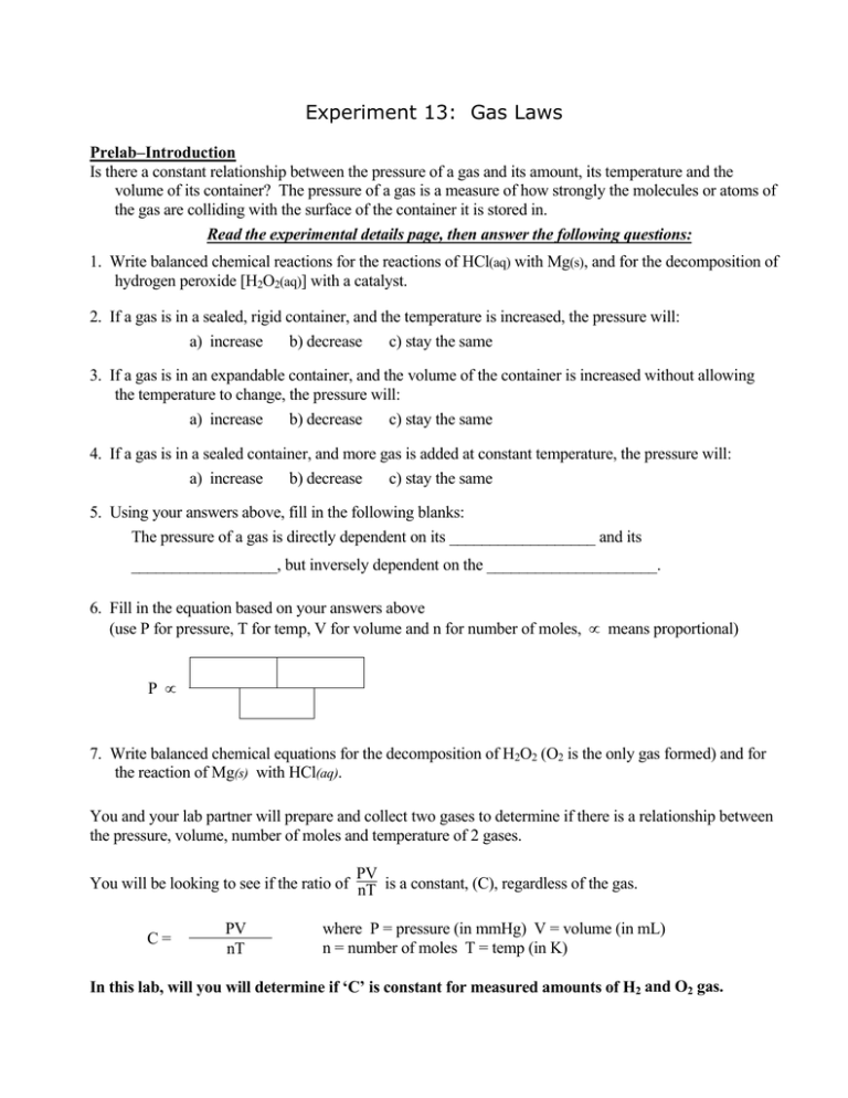 Experiment 13 Gas Laws