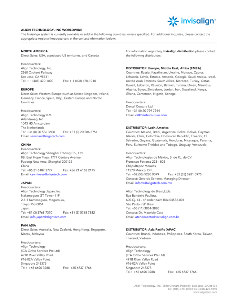 Align Technology Worldwide Offices Jan 2015