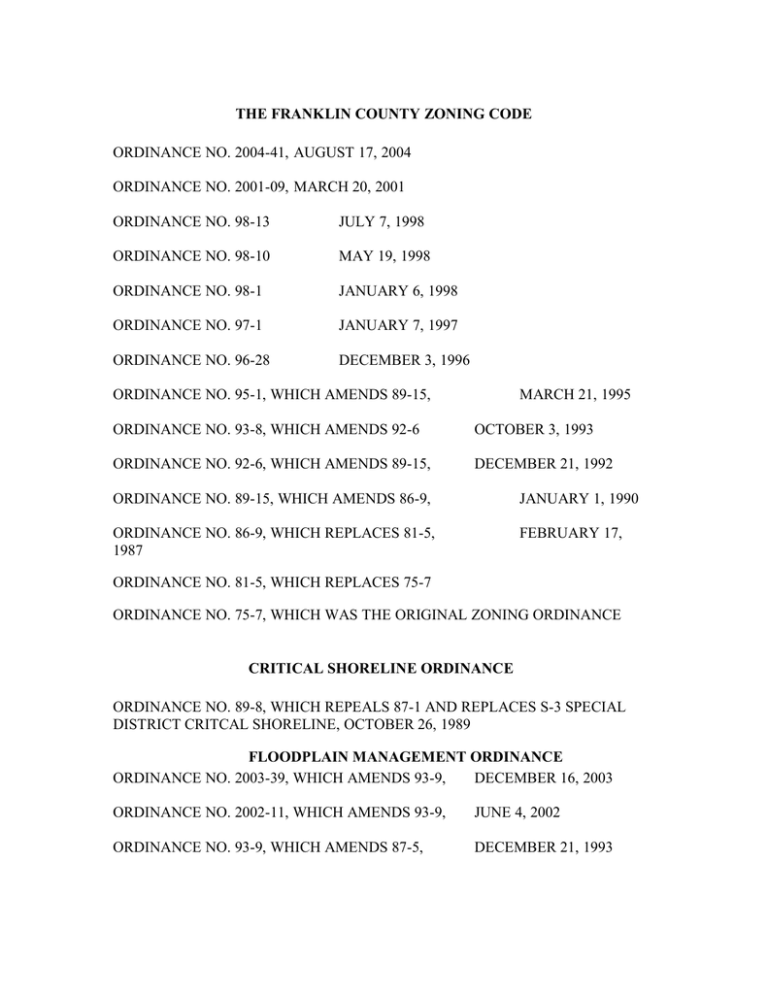 THE FRANKLIN COUNTY ZONING CODE ORDINANCE NO. 2004