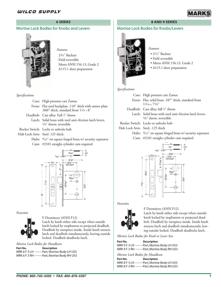 Mortise Lock Bodies for Knobs and Levers Mortise