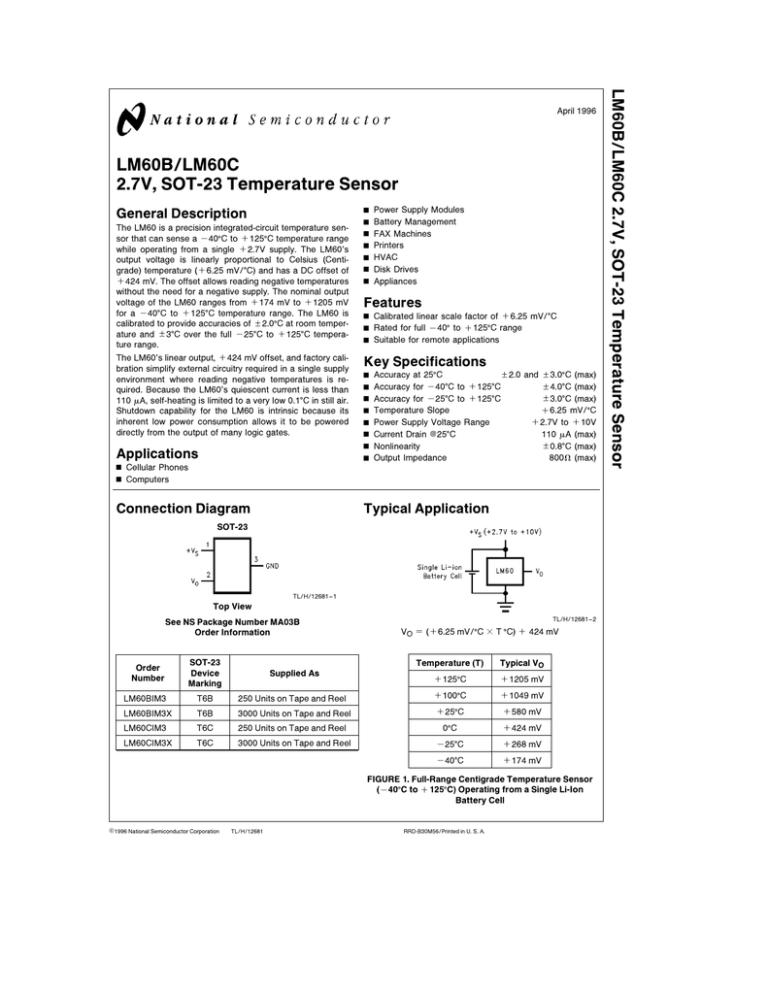 LM60B/LM60C 2.7V, SOT23 Temperature Sensor