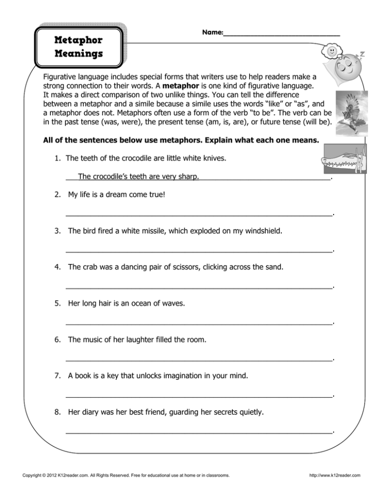 metaphor meanings figurative language worksheets