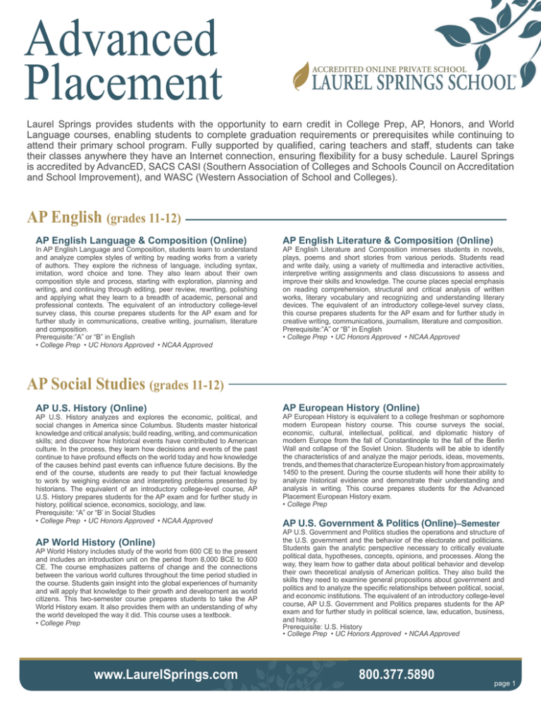 Laurel Springs AP Courses English, History, Math Catalog