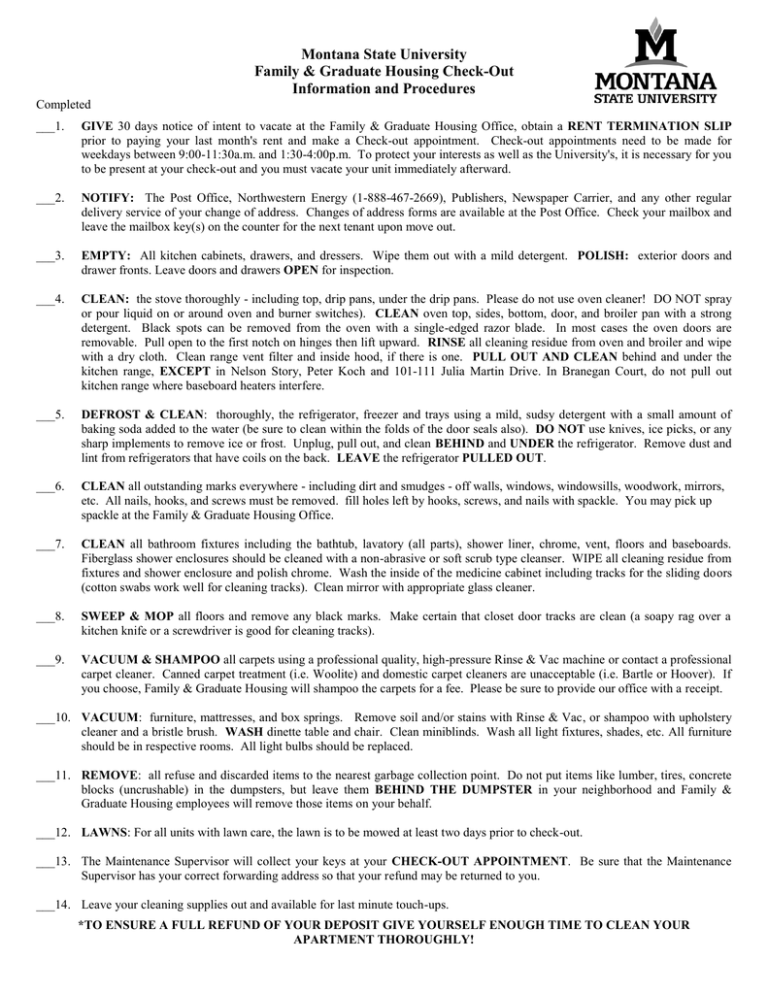 Cleaning Check List Montana State University