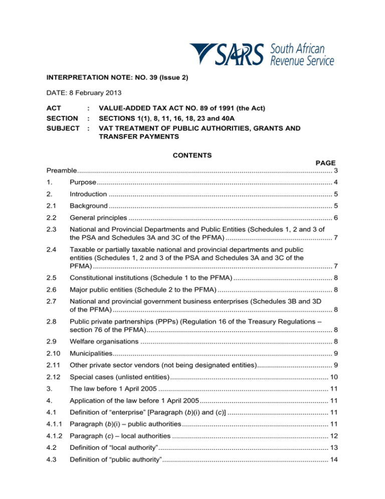 VAT Treatment of Public Authorities, Grants and Transfer