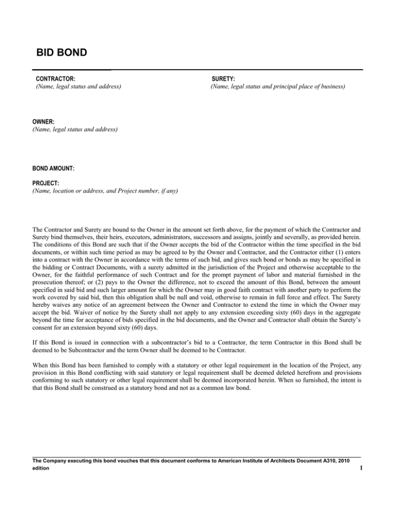 Instructions: A310™–2010, Bid Bond – PVYR