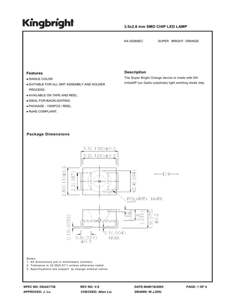 Package Dimensions 3.5x2.8 mm SMD CHIP LED LAMP Features