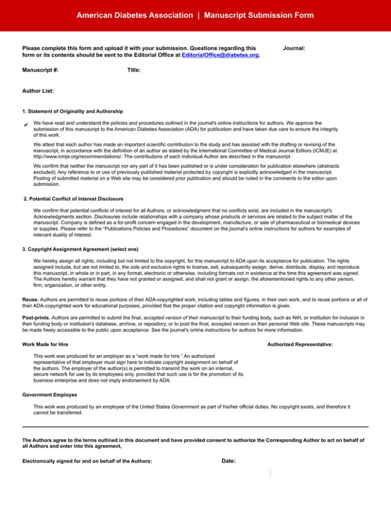 Manuscript Submission Form Diabetes Care