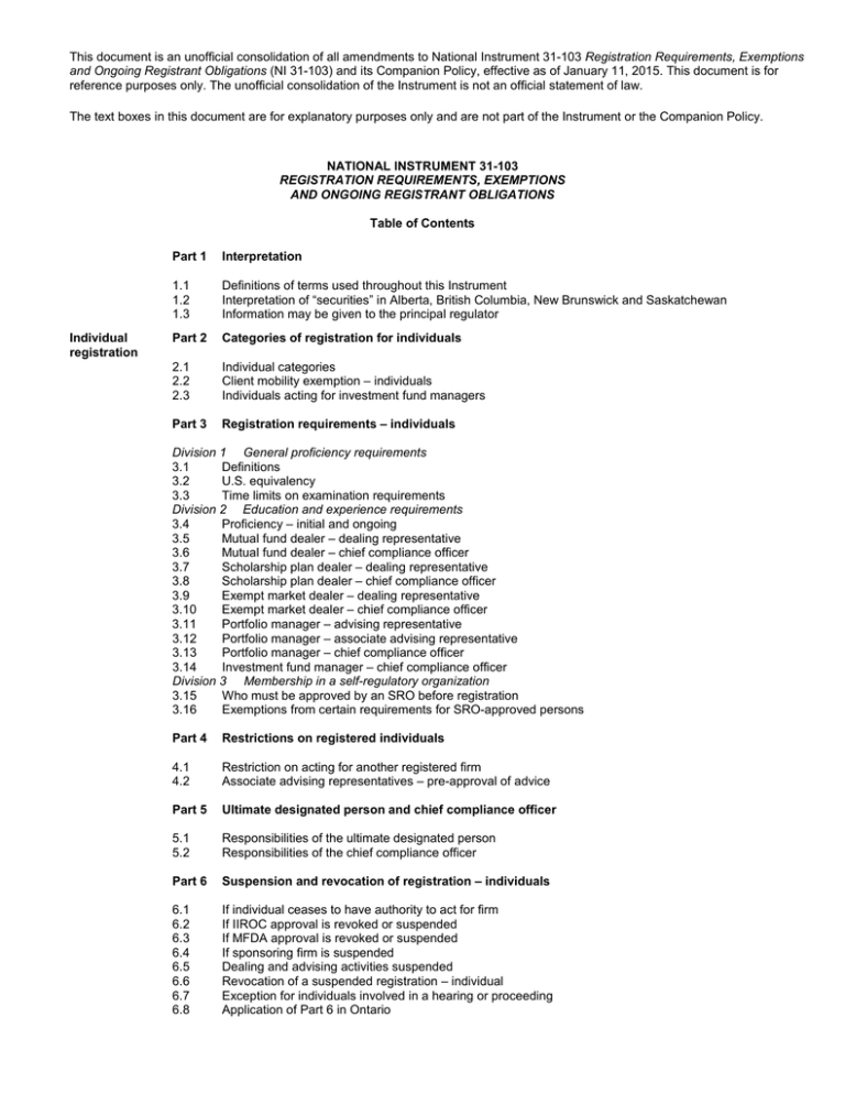 Unofficial consolidation of NI 31103 and its CP as of January 11, 2015