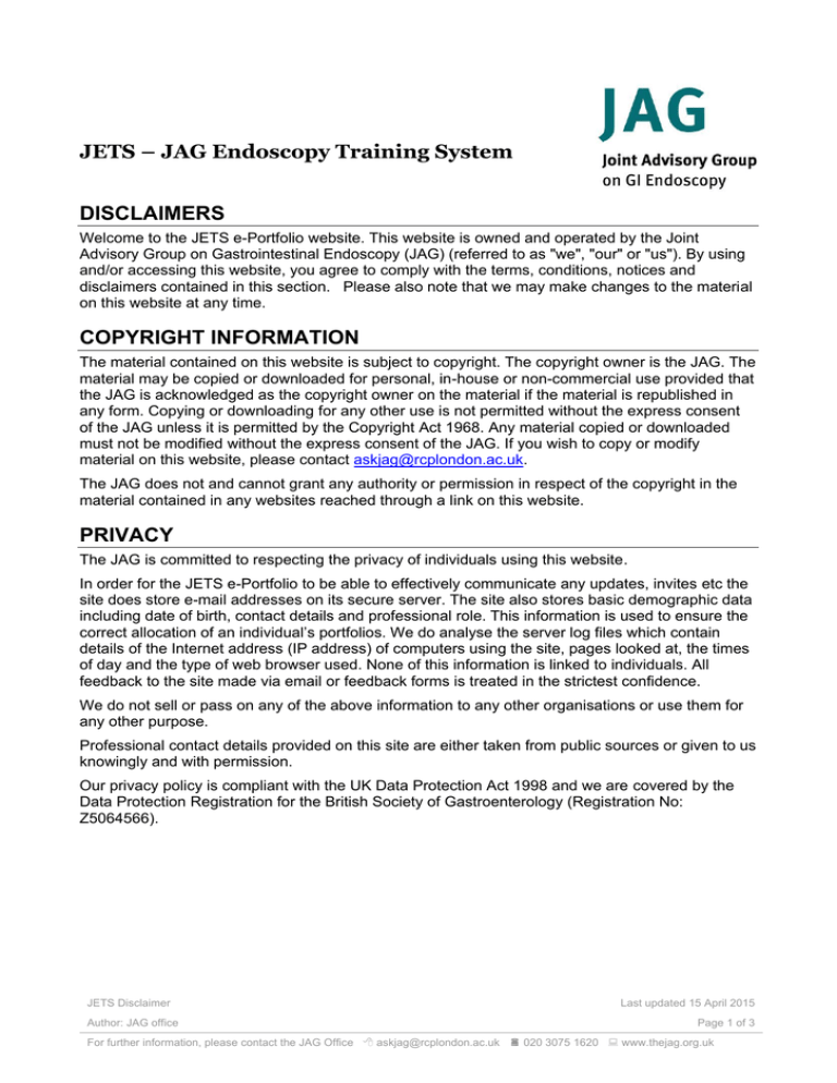 JETS JAG Endoscopy Training System DISCLAIMERS