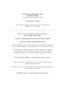 PHYSICS ADMISSIONS TEST SAMPLE PAPER (2015 style, issued