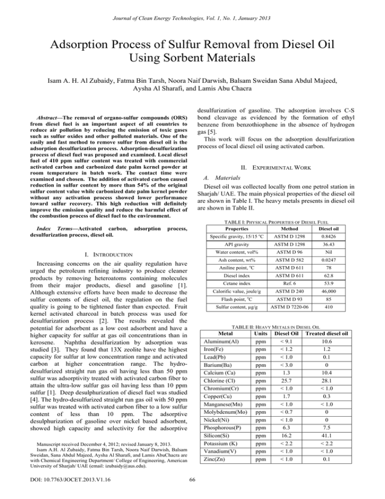 Adsorption Process Of Sulfur