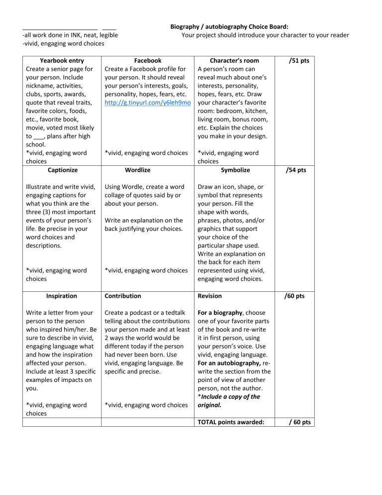 Choice board for bio